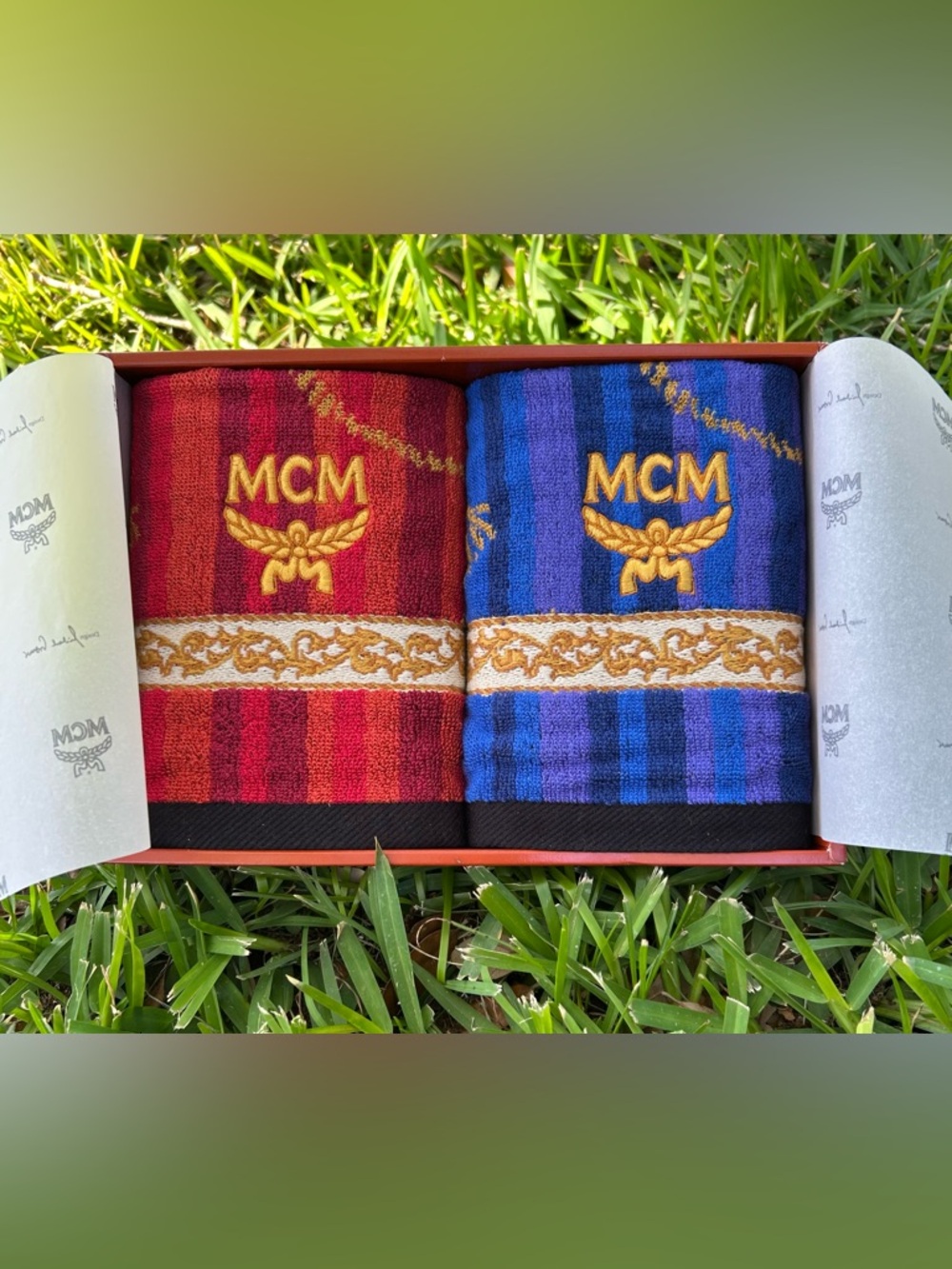 MCM Striped Hand Towels in Red & Blue with Gold Logo